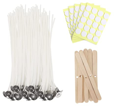 JEAWIWI Candle Wicks for Candle Making, Candle Wick 8 in 100 Pcs with 100 Pcs Wick Stickers and 10 Pcs Candle Wick Holders, Cotton Wick for Soy Wax, Beeswax, Coconut Wax