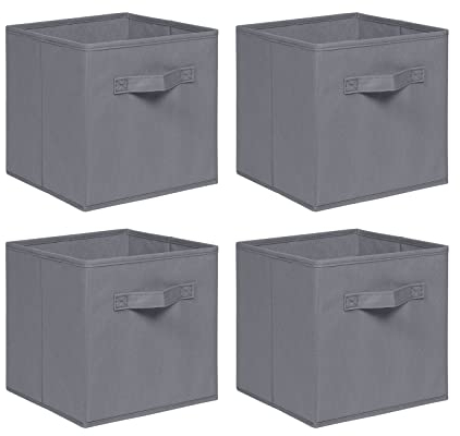 NICEME Foldable Cube Storage Unit Boxes, Non-Woven Fabric Storage Boxes Set, Clothes Drawers for Shelves, 26.5x26.5x28 cm (Grey, Set of 4)