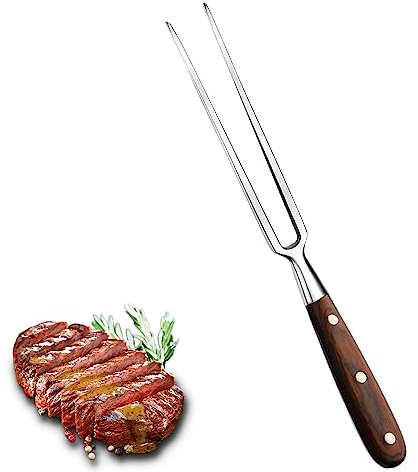 Meat fork, meat fork, stainless steel grill fork with wooden handle, 30 cm, carving fork, straight fork, 16 cm, blade length, barbecue forks, hard rust-proof meat fork, large with brown wooden handle