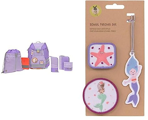 LÄSSIG 7-teiliges Schulranzen Set Kinder/School Set Flexy Unique violet & Anhänger und Patches Set/School Patches Set, Mermaid