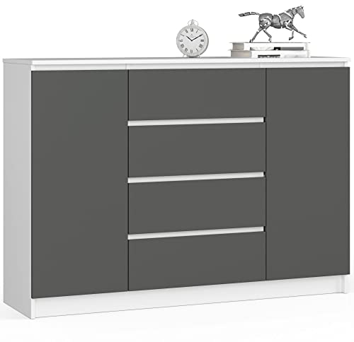 AKORD Commode K 140 cm 4 Tiroirs et 2 Portes pour Le Salon| Chambre | Bureau Salon Design Moderne Fonctionnel Panneau Stratifié | Couleur Blanc/Gris Graphite