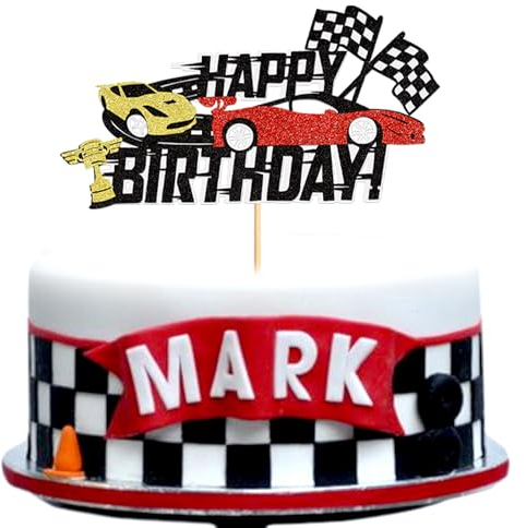 Blumomon 1Pcs Race Car Cake Topper Glitter Wheel Trophy Flag Helmet Racing Car Cake Picks for Racing Sports Theme Baby Shower Boys Birthday Party Cake Supplies