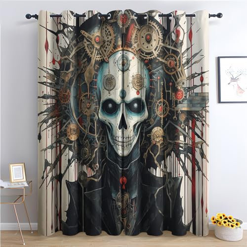 THYUNQ Vorhänge Steampunk Totenkopf Motiv, Vorhang Blickdicht Verdunklungsvorhänge Thermovorhang mit Ösen, Gardinen Wohnzimmer Schlafzimmer Fenster, 2er Set Curtains, H 166 x B 75 cm