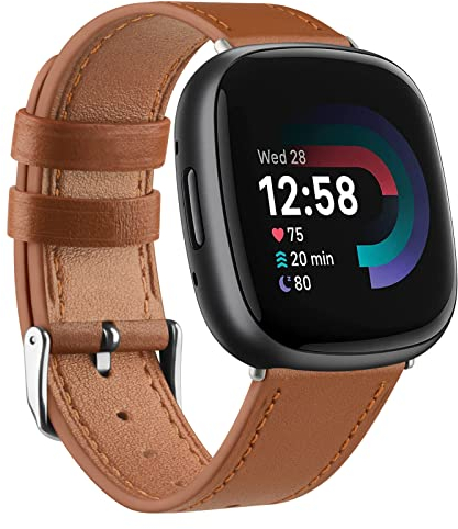 Vancle für Fitbit Versa 4 Armband/Fitbit Versa Sense 2 Armband Leder Damen Herren,Weiches Atmungsaktives Leder Sport Armband Ersatzarmbänder für Fitbit Versa 3/Fitbit Versa Sense(Braun)