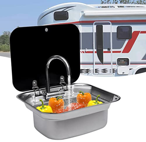 Lavabo de camping, fregadero con cremallera, de acero inoxidable, con grifo y tapa de cristal templado, para RV Caravan Camper o autocaravana, 42,3 x 37,3 x 15 cm