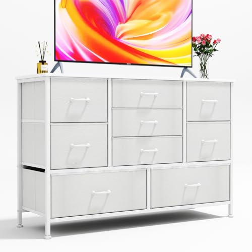 CAIYUN 9 Drawers Dresser Storage, Bedroom Chest of Drawers, TV Stand, Fabric Drawers Dressers Fit for Bedroom, Living Room, Closet - White