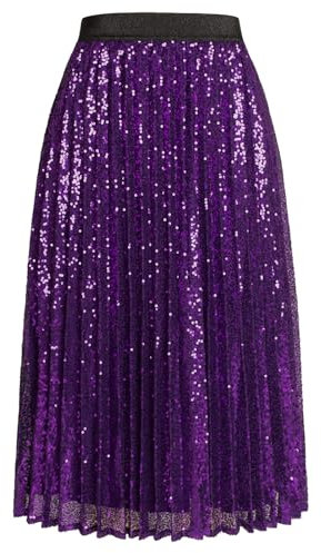 GRACE KARIN Pailletten Rock Damen mit Plissee Tüllrock Damen A-Linie Festlich Party Tanzabend Elegant M Lila -7