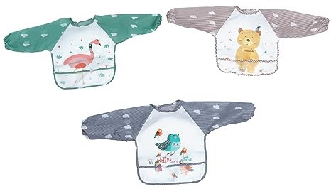 ORFOFE 3 Stück-pack Lätzchen für Kinder mit Langärmeligem Cartoon Muster Waschbar und Atmungsaktivem Polyester zum Essen und Malen