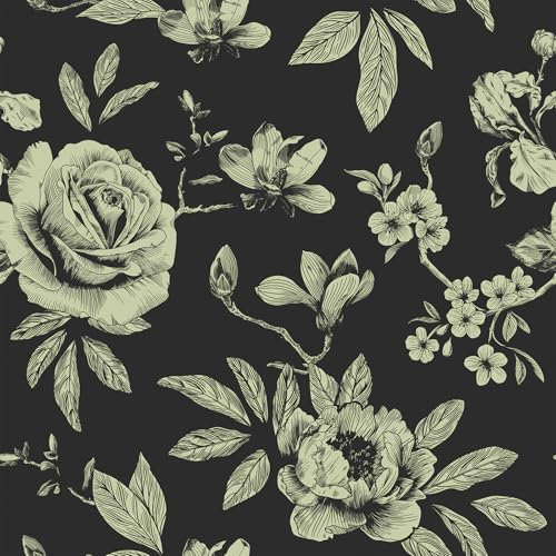 VaryFloral Vintage Black Rose Floral Wallpaper Peel and Stick Antique Moody Dark Flower Wallpaper Prepasted Decorative Floral Contact Paper 12x118 Sticky Removable Room Wall Covering for Home Decor