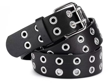 GIMIRO Punk Gürtel Damen Gürtel für Jeans, Bund für Mantel, Hohlnietengürtel,Doppelreihe von Sternlöchern,Stabile quadratische Schnalle mit 2 Pins (Black - Round Hole)