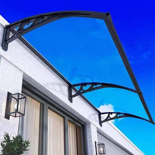 Regenschutz für Außenfenster, Haustür, Überdachung für den Außenbereich, UV-Regenschutz, Schneeschutz mit transparenter Polycarbonat-Platte und schwarzem Aluminiumrahmen, 120 x 340 cm