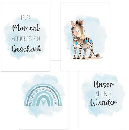 4er Set Baby DIN A3 Bilder mit Zebra, Regenbogen und Sprüchen, Poster mit Tiermotiv für Babyzimmer, 200g/m² Papier, Kinderzimmer Wanddeko, für Bilderrahmen, Dekoration für Jungen & Mädchen, hellblau