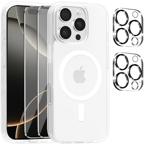 Magnetic Cover per iPhone 16 Pro Compatibile con 2 vetri temperati e 2 vetri per fotocamera, Translucent Matte Slim Back PC+TPU Bumper Shockproof - Trasparente Opaco