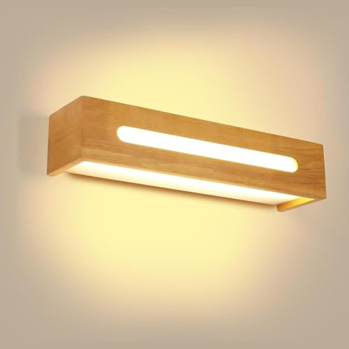 Comely Holz Wandleuchte Innen, 18W Moderne Wandlampe Up Down 3000K Warmes Licht, Rechteckige LED Wandbeleuchtung für Schlafzimmer Wohnzimmer Korridor Flur