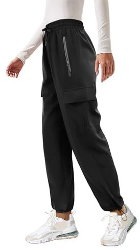 Friptspyg Outdoor Hosen Cargohose Damen Leichter Trekkinghose Wanderhose Schnelltrocken Wasserdicht Einstellgurt Sportlich Jogginghose mit Taschen,Schwarz S