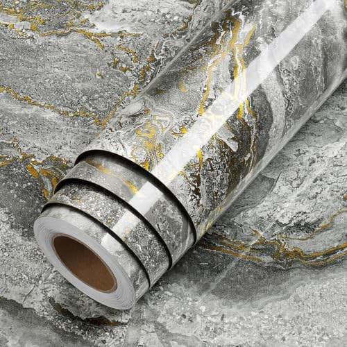 LaCheery Klebefolie Möbel Grau Gold Selbstklebende Folie Marmor 60cm x 400cm Selbstklebende Möbelfolie Grau Gold Küchenfolie Marmor Vinyl Hochglanz Küche Folieren Arbeitsplatte für Schrank Fensterbank