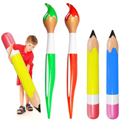 Quimoy 4 Pcs Inflatable Giant Crayons Paint Brush Decoration Set, Blow Up Pencils Paint Brush Crayons, Back to School Decorations for School Classroom, Garden, Paint Party Decorations