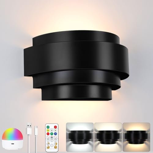 Glowlit Rechargeable Wall Lights Indoor Wireless Wall Lights, Touch & Remote Detachable Dimmable Bulbs, Battery Powered LED Wall Lamp with 19 Colors Black Wall Light for Living Room, Bedroom, Hallway