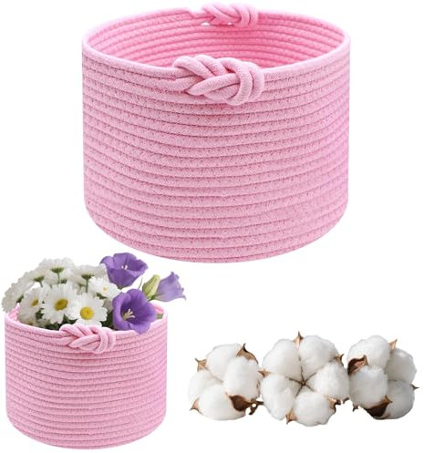 PWGHWG Panier Rangement, Panier de Rangement Tressés en Coton pour Chambre d'Enfant,Bain,Chambre, D 24 x H 18 cm (Rose)