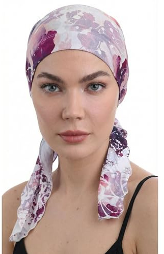Deresina vorgebundenes Chemo-Bandana für Frauen – Weicher Bambusturban & Kopftuch bei Haarausfall & Alopezie – Atmungsaktive Kopfbedeckung (Gemustertes Lila - Einheitsgröße)