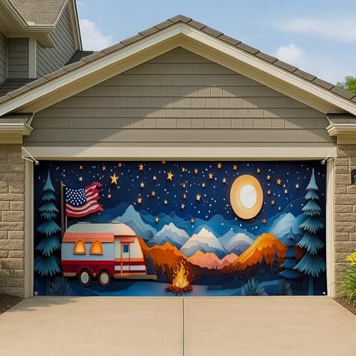 Patriotische Mountain Night Camper Garagentorabdeckung, Wohnmobil-Landschaft, großes Garagen-Banner, Dekoration, Outdoor-Camping-Hintergrunddekoration, 395 x 180 cm