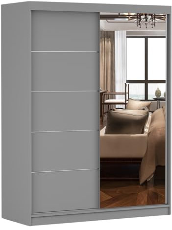 Fabryka Mebli Idźczak Kleiderschrank mit Spiegel, Schiebetüren - Schwebetürenschrank, Schlafzimmerschrank - 61 x 150 x 200 cm - Schrank für Schlafzimmer, Ankleidezimmer, Garderobe - Grau