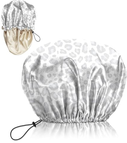 Deokke Luxury Shower Cap Silk Satin Lined Waterproof Reusable Adjustable Elastic Dry Hair Bathing Caps Cute for Women Girls-Flower (G15-Gray Cheetah Leopard)