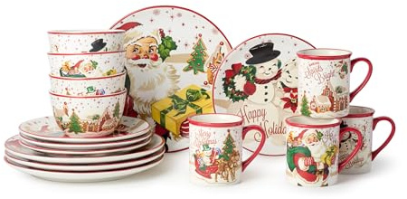 Santa’s Retro Christmas 16 pc Dinnerware Set, Service for 4 – Holiday Plates, Bowls & Mugs with Vintage Santa, Reindeer & Snowman Art, Festive Tableware for Christmas Parties and Holiday Décor