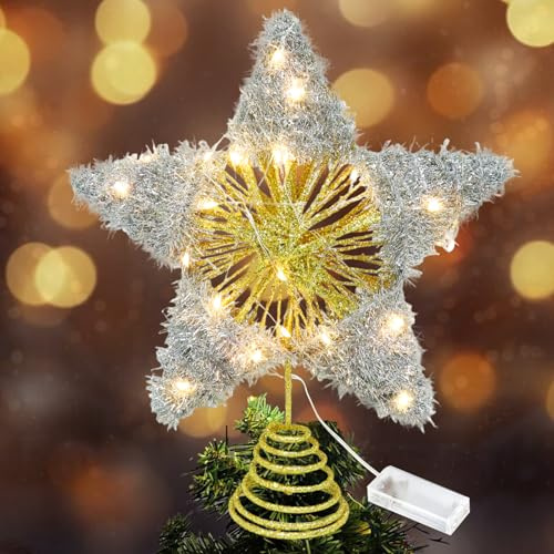 Estrella Arbol de Navidad, Christmas Star, Pulgadas Decoracion Arbol de Navidad Oro y Plata, Punta para árbol con Luz, Christmas Star, Tree Topper