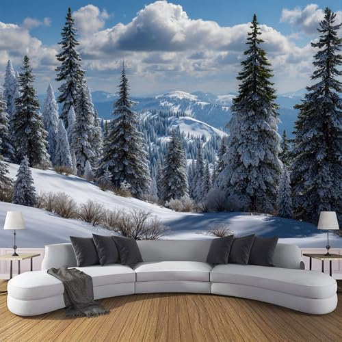 Fototapete 3D Effekt Kiefernwald Pflanzen Tapete Natur Schnee Berge Tapeten Vliestapete Modern Wandtapete Wohnzimmer Wanddeko Motivtapeten 375×270cm(W×H)