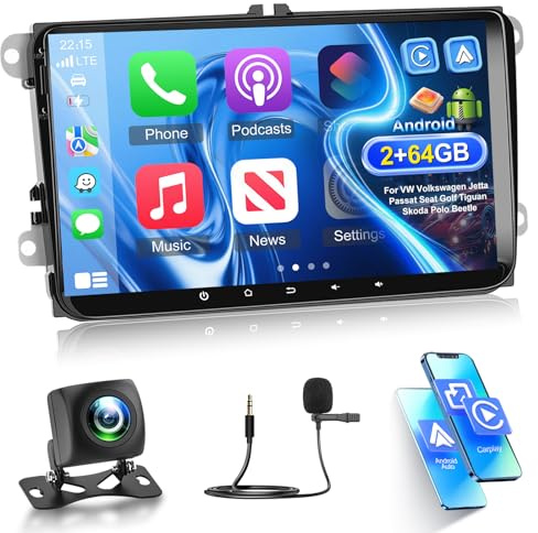 Radio de Coche para VW Volkswagen Jetta Passat Seat Golf Tiguan Skoda Polo | Inalámbrica Carplay y Android Auto 9 Pulgadas de Pantalla Táctil [2G+64G] Radio con Bluetooth/EQ/GPS/WiFi/FM RDS