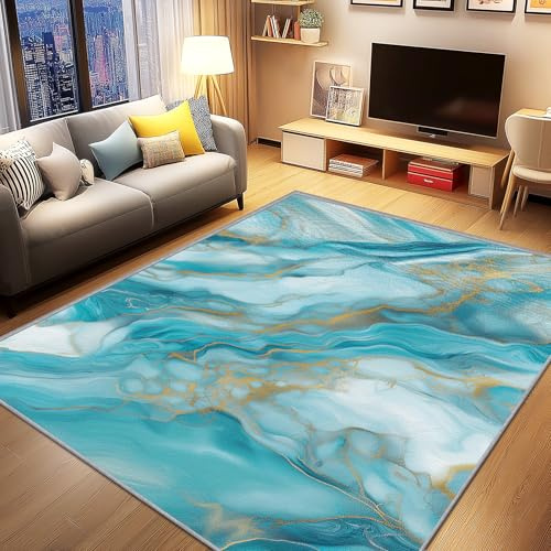 AevuCub Marmor Deko, Blau Grün Marmor Optik Teppich 140x200 Kurzflor, Teppich Wohnzimmer Aesthetic, Weich rutschfest Waschbare Teppiche, Bettvorleger Schlafzimmer Kinderzimmer
