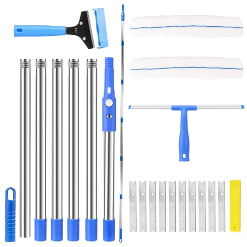 Vurlexat Floor Scraper, 3-in-1 Long Handle Glass Scraper with Squeegee Cleaning Kit, 94inch Scraping Cleaner Tool with 6pcs Extension Poles and 2pcs Cleaning Pads for Windows Glass, Tiles, Wall