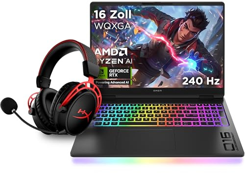 OMEN MAX Gaming Laptop, 16 WQXGA 240Hz, AMD Ryzen AI 7 350 (8C) 50 NPU Tops, NVIDIA GeForce RTX 5070 Ti 12GB, 32 GB RAM, 1 TB SSD, Win 11, RGB QWERTZ, Schwarz + HyperX Cloud Alpha Wireless Headset
