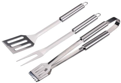Alpina Grill Besteckset 3 Teilig - Grill zubehör mit Fleischgabel und Grillzange Edelstahl - Fleischzange Edelstahl und Grillen Besteck für Barbecue - Silber