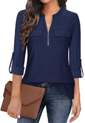 Gemulate Womens Tops 3/4 Sleeve Tops for Women Polo Top Floral Printed Shirts with Zip Up V Neck Tunic Blouse Basic Tops