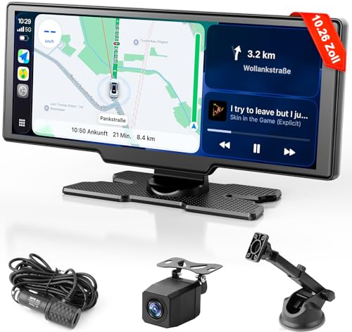 Carplay Display für Apple Car Play Android Auto 10,26 Zoll Tragbares Wireless CarPlay mit 1080P Rückfahrkamera, Bluetooth 5.2 Sprachsteuerung Mirror Link AUX FM, GPS Navigation, unterstützt TF Karte