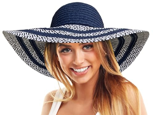 TOSKATOK Ladies Wide Brimmed Floppy Straw HAT (Navy Stripe)