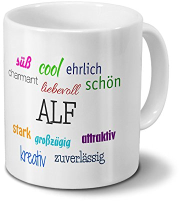 Tasse mit Namen Alf - Motiv Positive Eigenschaften - Namenstasse, Kaffeebecher, Mug, Becher, Kaffeetasse - Farbe Weiß