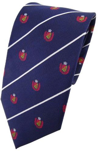 TigerTie Designer Seidenkrawatte in blau dunkelblau silber rot grün gestreift mit Wappen