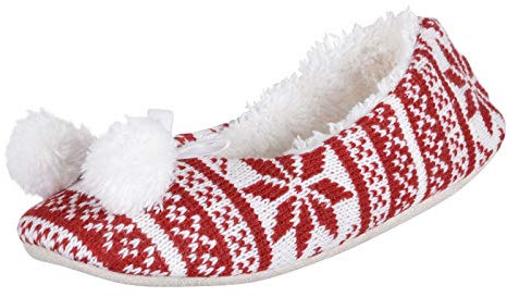 Ladies Red Fair Isle Knit Ballet Ballerina Slippers with Fabric Sole UK 5-6