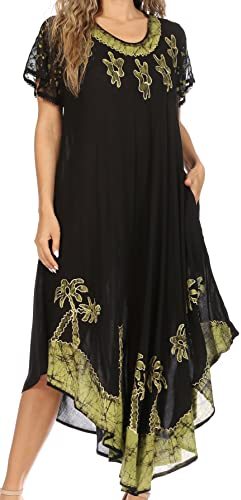 Sakkas A009 Batik Palm Tree Cap Caftan Dress/Cover Up - Schwarz/Grün - OS