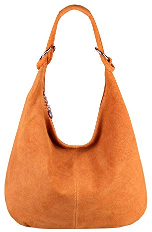 OBC Made in Italy Damen XXL Ledertasche Leder Wildleder Shopper Tasche Schultertasche Umhängetasche Hobo-Bag Beuteltasche (Orange)