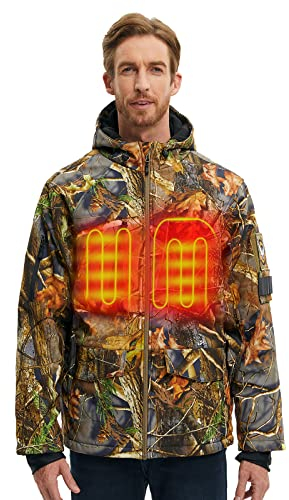 CONQUECO Men's Camo Heated Jacket Waterproof Hunting Hoodie Jacket with Battery Pack