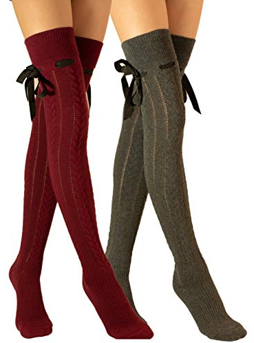 Molton Marley 2 Paar Damen Overknee Strümpfe Lange, mit Schleife, Baumwollstrick, Überknie Strick Socken Dunkelgrau, Dunkelrot 37-41 EU