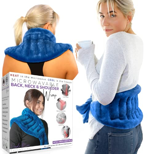 Microwave Heating Pad for Lower Back Pain Relief, Moist Heating Pad for Neck & Shoulders, Cramps, Microwavable Heating Pads 71 Ties, Heat Pack Warm Compress Heat Wrap, Flaxseed Rice Hot Bag (Blue)