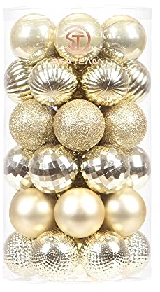 Sea Team 41-Pack Christmas Ball Ornaments with Strings, 40mm/1.57 Small Size Baubles, Shatterproof Plastic Christmas Bulbs, Hanging Decorations for Xmas Tree, Holiday, Wedding, Party, Gold