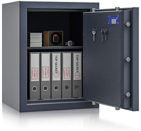 Müller Safe Wertschutzschrank Grad 3 EN 1143-1 BM3-2 | H700xB550xT465 | Doppelbartschloss mit 2 Schlüssel | ECB-S zertifiziert | 1 Fachboden | Platz für 9 A4-Ordner | 287 kg