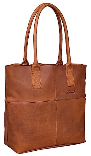 Benthill Shopper Leder Damen | Einfache Schultertasche ohne Reißverschluss | Vintage Handtasche aus echtem Rindsleder | Hochwertiger Beutel, Farbe:Braun