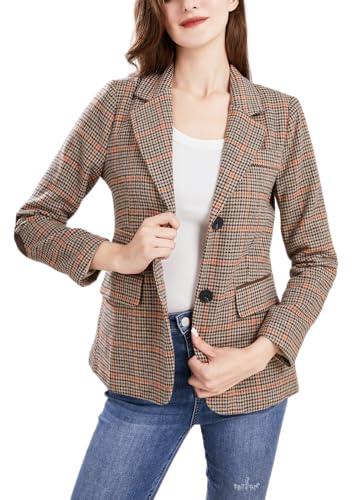 ebossy Damen-Blazer, Vintage-Stil, ohne Revers, einreihig, Hahnentrittmuster, kariert, Jacke mit aufgesetztem Ellenbogen, Khaki-a, L